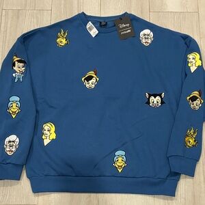 NWT Disney CAKEWORTHY Blue Crewneck Sweater with Character Faces Pinocchio